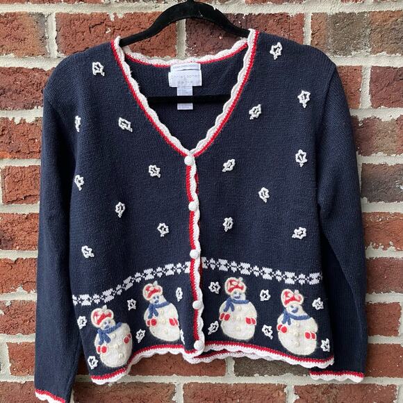 Christopher & Banks Hand Knitted Snowman Cardigan Sweater Size Small - Picture 1 of 4